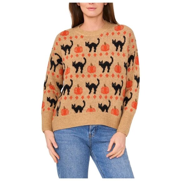 Halloween Black Cats & Pumpkins Sweater Large Vince Camuto Crew Neck Womens - Picture 1 of 4